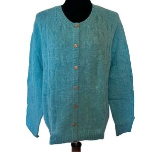 NWT The Tog Shop Women's Teal Cable Knit 100% Wool Button-Up Sweater Size Large